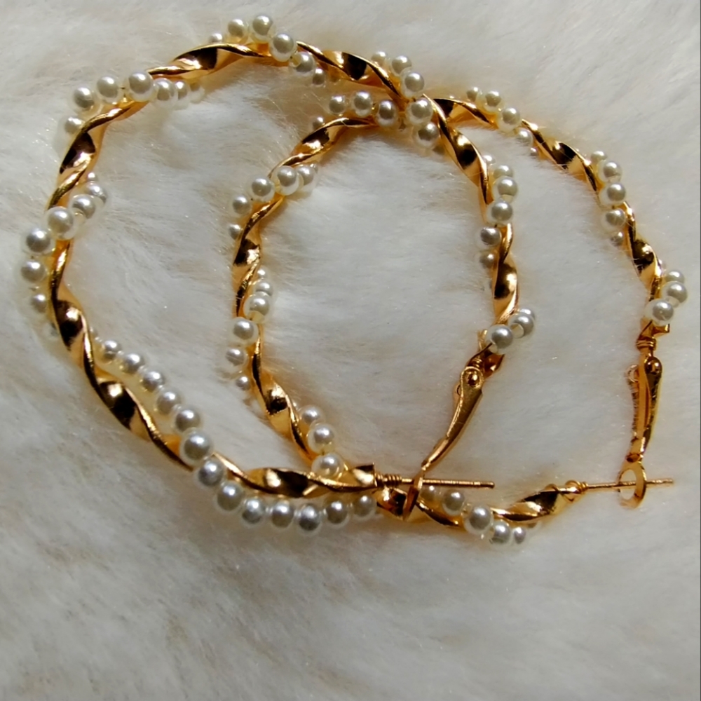 Twisted Gold Beaded Hoop Earrings NWT